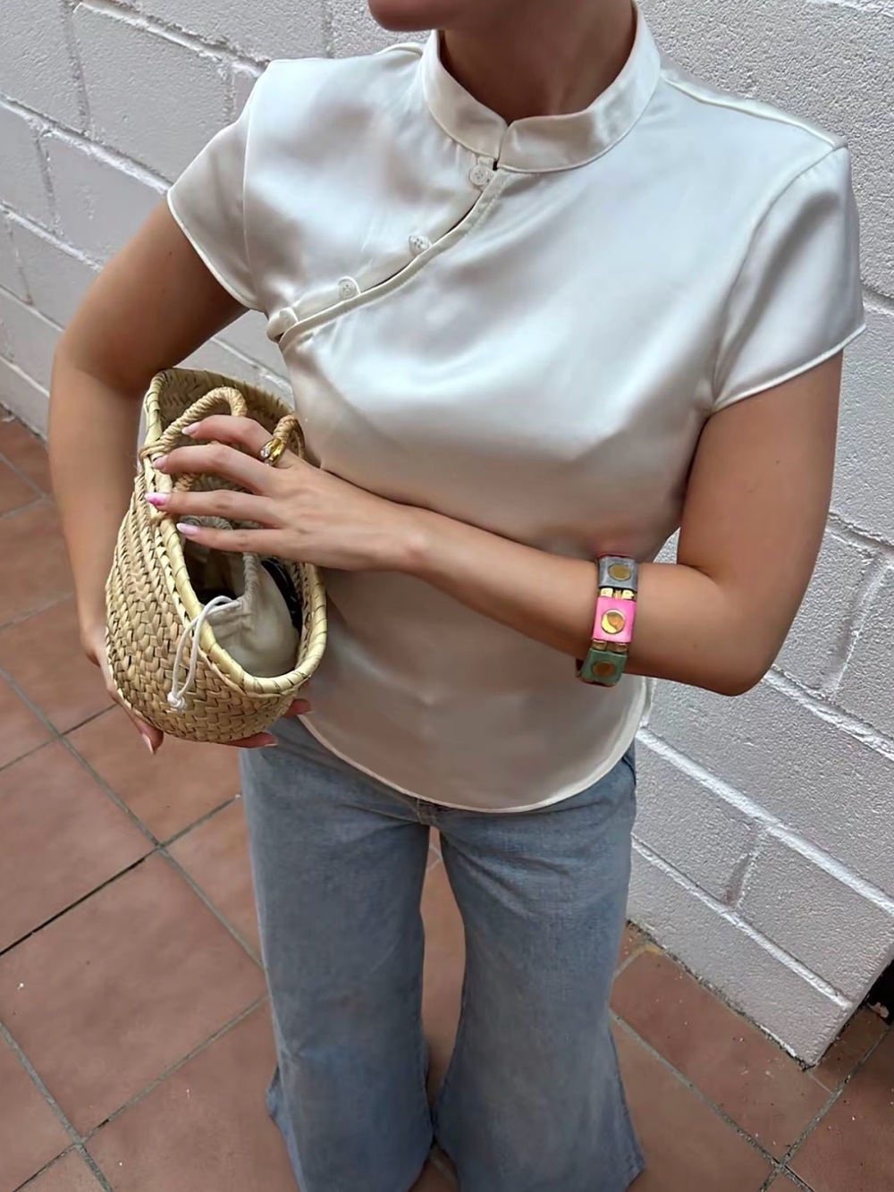 Zara Cream Satin Short-Sleeve Mandarin Top